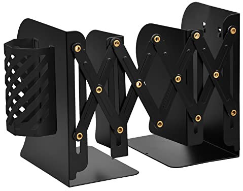 Verstellbar Buchstützen, Erweiterbar Metall Bücherstützen mit Stifthalter, Ausziehbar Bookends, Bücherhalter Buchständer für Zuhause Büro Schule Schreibtisch Bücher Organizer (Schwarz)