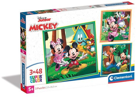 Clementoni - 25298 - Supercolor Puzzle - Disney Mickey And Friends - 3x48 Pieces (3 Puzzles Included), Jigsaw Puzzle For Kids Age 5, Puzzle Cartoon, Made In Italy