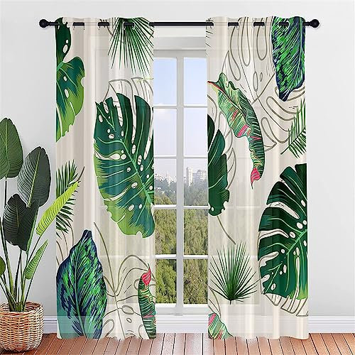 Hiseng Voile Vorhänge mit Ösen Durchsichtig Halbtransparent Ösenvorhang für Fenster Wohnzimmer Schlafzimmer Pflanzen Blätter Moderne Transparent Gardine 2er Set (140x244cm,Monstera)