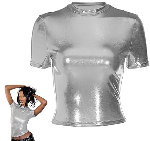 Glänzende Damen-Oberteile, holografisches metallisches kurzärmliges Slim-Fit-T-Shirt, schimmerndes Crop-Top, Mock Neck Partybluse, glitzernde Disco-T-Shirt-Bluse für Festival, Rave, Kostüm, Clubwear