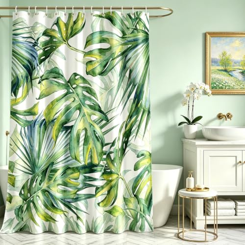 Lerores Duschvorhang 150x200cm Grün Blätter, Beschwerter Saum Antischimmel Textil, Wasserdicht, Waschbar Polyester Stoff Badevorhänge mit 8 Ösen und Duschvorhangringe für Badezimmer, Badewanne