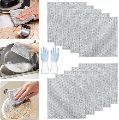 10 Doppio Strato Stracci Multiuso per Lavare i Piatti in Filo Metallico per Asciutti e Bagnati, Double Stainless Steel Scrubber, Multipurpose Wire Dishwashing Rags for Wet and Dry, Antigraffio