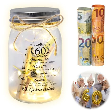 DAWRIS 60 Geburtstag Flaschenlicht Transparent LED Flaschenlicht mit Spruch Personalisiert Geschenk zum 60. Geburtstag Frau Mann Geldgeschenke Geburtstagsgeschenk Spardose Geldgeschenkgeburtstag