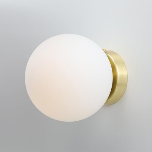 Alpinaluz Wand- und Deckenleuchte, sphärischer Lampenschirm aus Opalglas, 15 cm, Sockel aus Stahl, Sockel E27, moderner minimalistischer Stil für den Innenbereich (Gold)