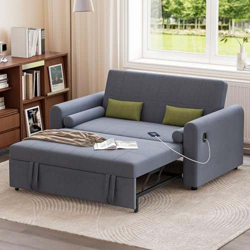 Jooli H 2 Seater Sofa Bed, 3-in-1 Convertible Fabric Pull Out Sleeper Sofa with 3-Position Adjustable Backrest, Side Pockets and USB for Living Room, Guest Room, Dark Grey