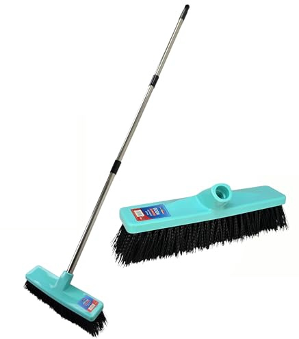 BH | Outdoor Garden Broom - 1.2m Stick |12 Head | Adjustable | Blue | Stiff Hard Brush | Scrub Brush long Stainless Steel Handle | Sweeping Patio, Garden Yard Outdoor Driveway - By BEST HOUSE