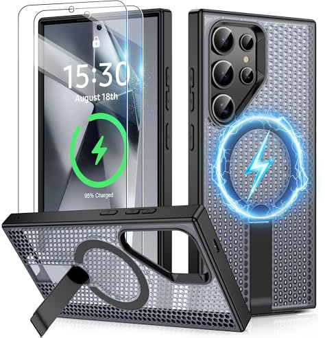 Gritup für Samsung Galaxy S24 Ultra Hülle kompatibel mit MagSafe,Wärmeableitung Handyhülle mit 2 Stück Schutzfolie,Militär Stoßfeste Schutzhülle klappbarer Ständer Case für Galaxy S24 Ultra,Schwarz