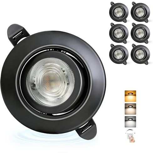 Aulaiyi LED Einbaustrahler 230V Dimmbar 68mm 5.5W IP44 LED Spot Ultra Flach | 45° Schwenkbar Deckenspots, Einbauleuchten 3000K/4000K/6000K, Spots Deckenleuchte für Bad Wohnzimmer Küche, Schwarz 6er Set