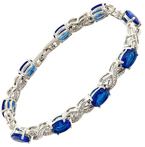Rizilia XOXO Verknüpfung Tennis Armband [18cm/7inch] mit Ovalschliff Edelstein Zirkonia CZ [Blau Saphir] in 18K Weißgold Vergoldet, Einfache Moderne Eleganz