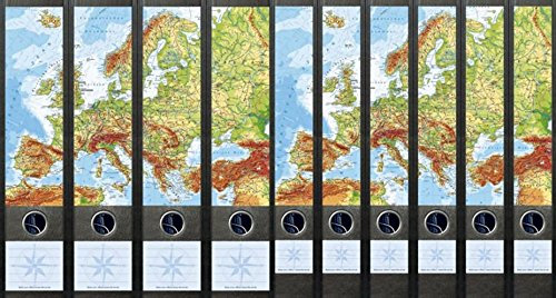 10er Set breite & schmale Ordnerrücken Europa Karte Aufkleber Etiketten Deko 061 083