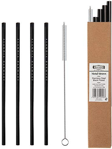 ALANDIA Metall Strohhalm wiederverwendbar Edelstahl schwarz | 4 Trinkhalme Reinigungsbürste | Ideales Set für Gin Tonic Gläser und super als Geschenk