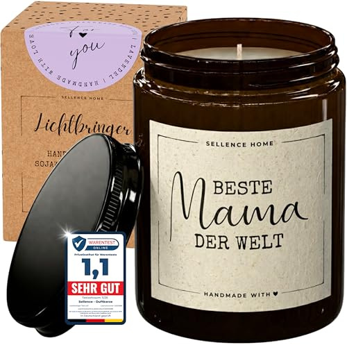 LICHTBRINGER Duftkerze Beste Mama der Welt, Geburtstagsgeschenk für Frauen | 210 g Sojawachs, vegan, bis 70 Std, Lavendel, handgegossen in Europa, Geschenkbox, Amberglas, plastikfrei verpackt