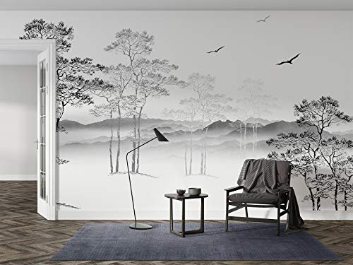 SILK ROAD EU Papier Peint Soie Panoramique Esquisse noir et blanc, 400 × 280cm, 3D Poster Geant Mural Personnalisé, abstrait arbre minimaliste, pour Salon Chambre restaurant Décoration Murale