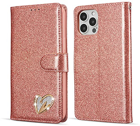 QLTYPRI Case for iPhone 13 Pro, Glitter PU Leather TPU Bumper Card Holder Wrist Strap Wallet Case with Inlaid Heart Diamond Flip Cover for iPhone 13 Pro - Rose Gold