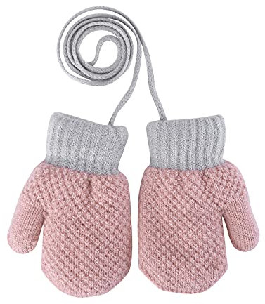 IBLUELOVER Moufles Enfant Bébé Filles Garçons Gants Hiver Gant de Ski Gants en Tricot Gloves Couleur Pure Gants Chauds Doublure Polaire Gants avec la Corde Tour du Cou Cadeau Noël 1-3 Ans,Rose b