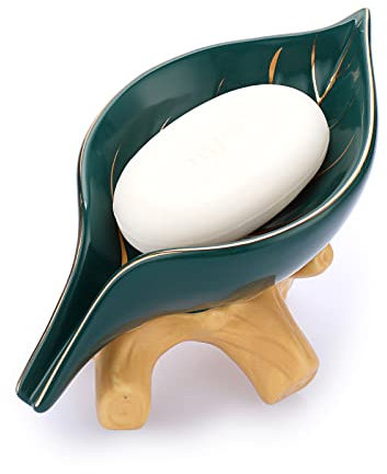 SUMTree Porte-savon en céramique auto-drainant, boîte de savon en forme de feuille pour la maison, la salle de bain, la cuisine, l'évier, la baignoire, le restaurant pour garder le savon sec, vert