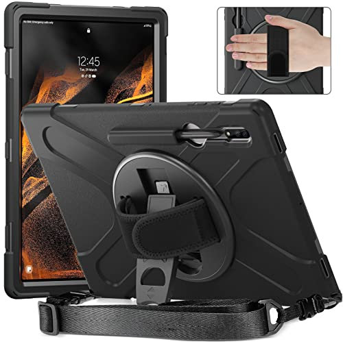 Gerutek Cover per Samsung Galaxy Tab S8 Ultra 14.6 2022, SM-X900/X906 Custodia Protettiva Robusta Antiurto con Supporto a 360 e Cinturino a Mano/Spalla Cover per Galaxy Tab S8 Ultra, Nero