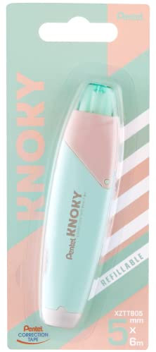 Pentel XZTT805K-WY Knoky Korrekturband mit Druckmechanik, ergonomische Form, nachfüllbar, Länge 6m, Breite 5mm, Gehäusefarbe hellgrün, 1 Stück auf Blisterkarte