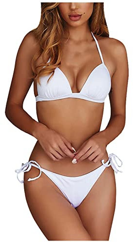 Umiquansome Bikini Damen Bauchweg Sexy Brazilian Tie Bikini 2 Piece Bikinis Spaghetti Strap Top Thong Swimsuit Bathing Suit Bikini Sets for Women Bikini Damen Push Up Weiß M