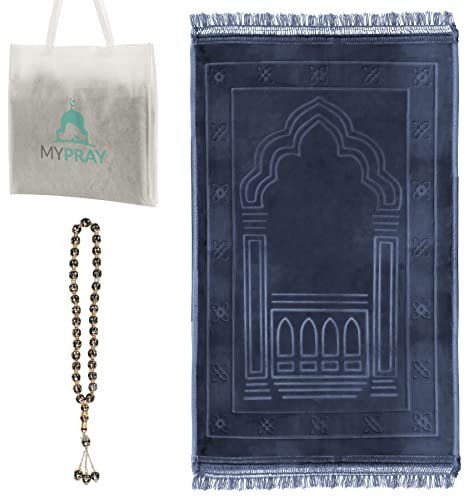 MYPRAY - Gebetsteppich - dick - 3er Set Seccade - mit Tesbih und Tasche (kaltgrau)