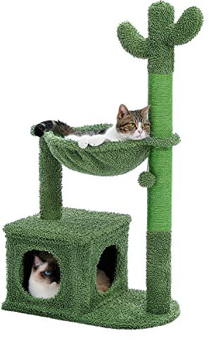 PAWZ Road Árbol de cactus para gatos de interior, torre de juego para gatos con hamaca y poste rascador para gatos de 102 cm, AY401-AMT0195GN