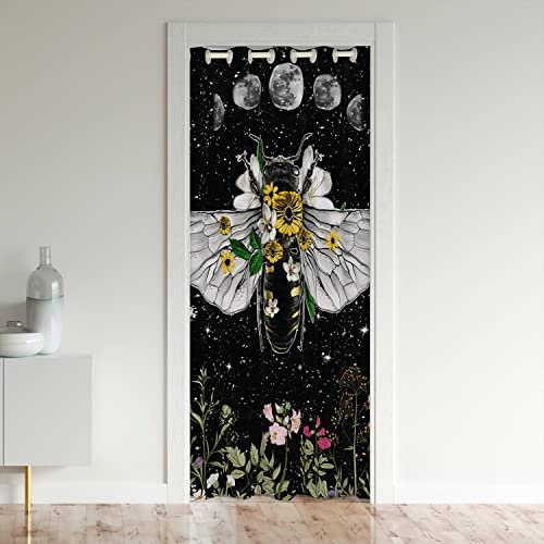 Sun Moon Door Curtain for Doorway Privacy 132x203cm Death Moth Closet Door Cover Curtain for Bedroom Skull Decor Sunflowers Botanical Blossom Black Yellow 30%-50% Room Darkening Blackout Curtain