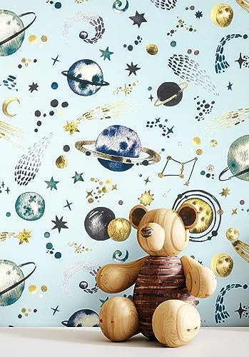 Newroom Tapete Blau Vliestapete Galaxie - Kindertapete Kinder Hellblau Gold Sterne Planeten Jugendtapete Verspielt Babytapete inkl. Tapezier-Ratgeber