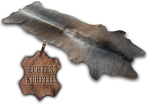 unendlich schoen – Echter Kuhfell Teppich klein, Läufer für Wohnzimmer Flur Eingangsbereich, Rinderfell für kleinere Flächen (Taupe/grau, 120x55cm)
