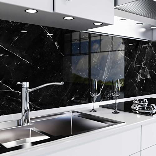danario Küchenrückwand selbstklebend - Glasoptik - Spritzschutz Küche - versteifte PET Folie - 0,8 mm - Marmor schwarz - 80cm x 500cm