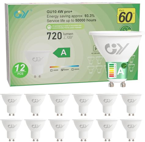 GY Bombilla Led GU10 4W(Equivalente a 60W), Bombilla GU10, Luz Blanca Neutra 4000K, 720 Lúmenes, Ángulo de haz de 110°, No Regulable, Bombilla Bajo Consumo Clase A, Bombilla GU10 Led Pack de 12
