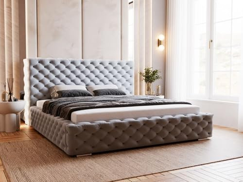 GRAINGOLD Astra Bett 200x200, Polsterbett mit Bettkasten, Polsterbett mit Stauraum, Samt, mit Lattenrost, mit Kopfteil, ohne Matratze (Grau, 200x200)