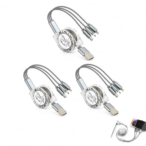 Lunpoem Multi Charger Cable, 3A/1M/3 Pack Universal 3 in 1 USB Retractable Charging Cord Lead Supports Efficient Charging, Durable Retractable Usb C Cable And Charger For Travel Office And Car Use