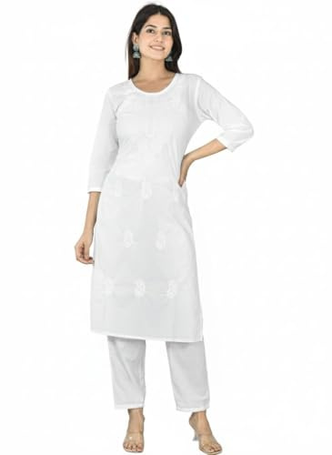 Vrnda Ensemble Kurta Pantalon Chikankari Blanc et Noir pour Femme – Costume Indien Fait Main, Salwar Kameez Bicolore