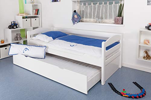 Kinderbett/Jugendbett Easy Premium Line K1/h/s inkl. 2. Liegeplatz und 2 Abdeckblenden, 90 x 200 cm Buche Vollholz massiv weiß lackiert
