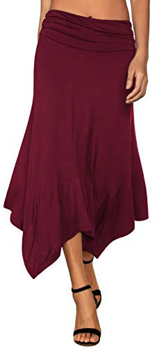 DJT Damen Elastisch Plissierte Taille Elegant Rock A-Linie Faltenrock Midi Rock mit Taschentuch Saum Rot L
