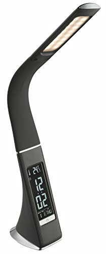 Schreibtischleuchte LED dimmbar - Schreibtischlampe Grau mit Touchdimmer - Tischlampe mit Uhr Wecker Leselampe Leseleuchte - Nachttischleuchte Lichtfarbe einstellbar - Temperatur-Anzeige