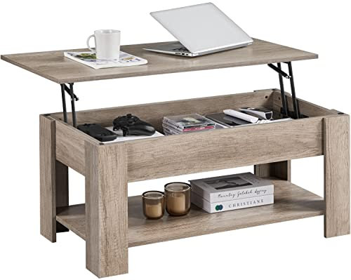 Yaheetech Table Basse avec Plateau Relevable Table de Salon Moderne avec Etagère de Rangement Compartiment Caché pour Salon Bureau 98 x 50 x 42 cm Gris