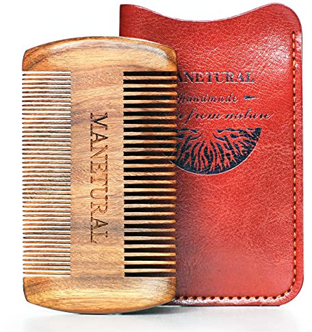 MANETURAL Premium Sandalwood Dual-Action Comb - Double-Tooth Design for Men's Fine & Wide Hair, Mustache Comb, Protective PU Leather Case