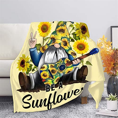 HUGS IDEA Zwergdecke, niedliche Decke für Kinder, Erwachsene, Outdoor, Indoor, alle Jahreszeiten, kuschelig, gemütlich, Bettlaken, Sonnenblume, Gitarre, Ukulele, Wichtel, Buchstaben, Picknick-M