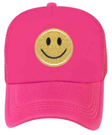 lycycse Damen Trucker Hat Mesh Neon Preppy Hüte mit Pailletten Smile Patch Y2K Hut Retro Baseball Cap, Hot Pink 2, 7-7 1/2