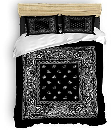 Bandana Schwarz Paisley Bettwäsche 135x200, 110gsm Microfaser Bettbezug Set 2 Teilig - Weich & Angenehm & Atmungsaktiv, 1 Bettbezüge mit Reißverschluss + 1 Kissenbezug 80x80 cm