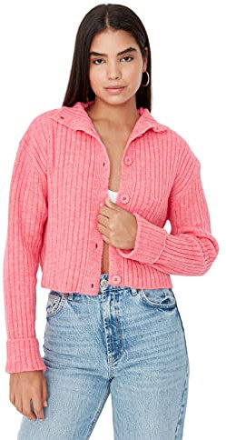 Trendyol Cardigan da Donna con Colletto in Piedi Standard Regolare Maglione, Rosa, S