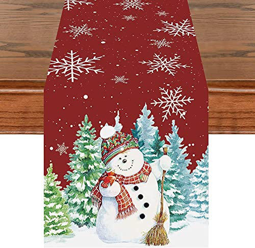 Rot Weihnachten Tischläufer, Schneemann & Schneeflocke Tischwäsche, Weihnachts Party Deko Waschbar Winter Festival Küche Tischdekoration Drinnen Draußen Winterferien Tischdecke, 35x180cm