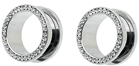 Ayoiow 2 Pezzo Tunnel Dilatatore Orecchio Acciaio, Dilatatore Lobo Uomo 4-20mm con Zirconia Cubica Dilatatore Tunnel Argento