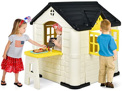COSTWAY Kids Playhouse, Outdoor Cottage Pretend Play Center with Picnic Table, Food Toy Set, Working Doors & Windows, Indoor Playground Set for 3-8 Years Old (Yellow)