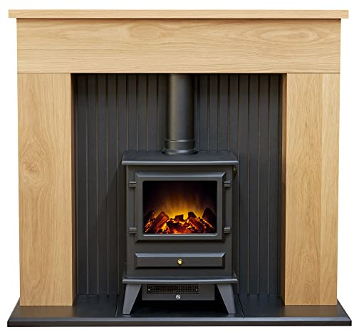 Adam Innsbruck Stove Fireplace in Oak with Hudson Electric Stove in Black, 45 Inch