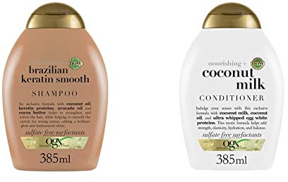 OGX Coconut Milk Conditioner for Dry Damaged Hair, 385ml & Brazilian Keratin Smooth Shampoo, 385ml