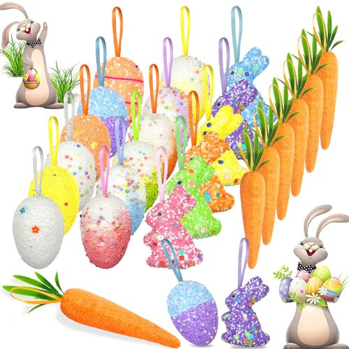 Ostereier-Ornamente und Karotten-Hängeornamente, bunte Schaumstoff-Oster-Hasen-Ornamente, Premium-Schaumstoff, Glitzer, künstliche Karotten, Osterbaumschmuck, Zuhause, Party, Basteln, 24 Stück