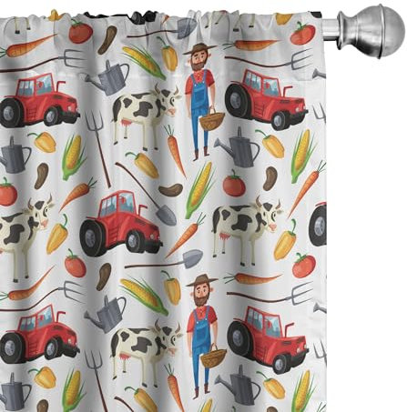 ABAKUHAUS Bauernhof Vorhänge 2er-Pack, Gärtner Landwirtschaft Traktor-Mais-Feld Kuh Gemüse Bauernhof Kinder, Vorhang für Wohnzimmer Schlafzimmer, 4 Stück 75 cm x 175 cm, Weiß Rot Gelb