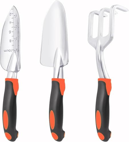Garden Tools Set, 3 Pcs Gardening Tools Set with Trowel, Shovel & Hand Rake, Aluminium Garden Hand Tools Kit Lawn Planting, Gardening Sets for Women Gardener